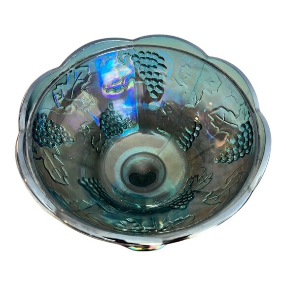 Vtg Indiana Glass Blue Iridescent Carnival Glass Pedestal Compote Candy Dish - Picture 6 of 11